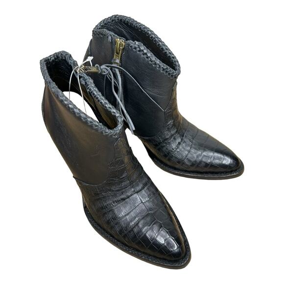 Allens Boots Black Goat Leather Reptile Cowboy Boots Bootie Size 8 - Picture 3 of 16